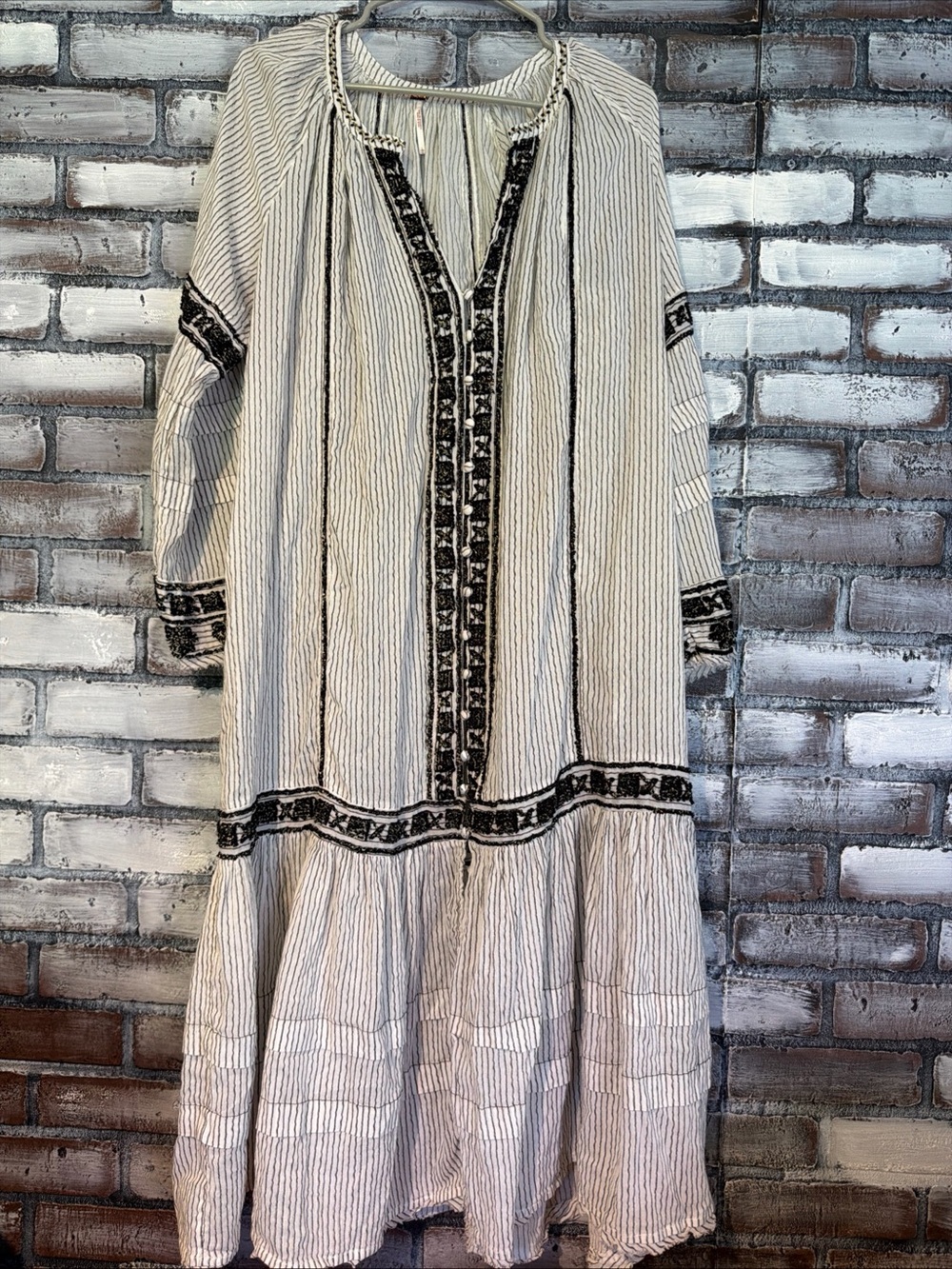 Free People Vagabond Cotton White & Black Embroidered Tunic Women Sz L Bohemian